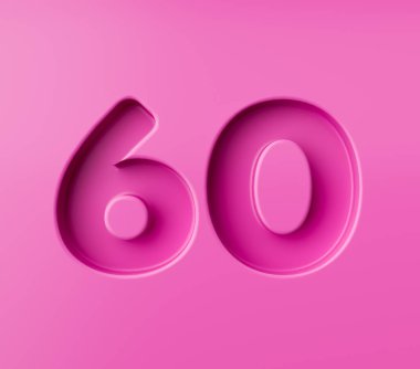 Canlı pembe numara 60. Pembe arka planda 60 kabartmalı, 3D resimli.