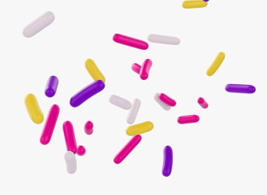 Beyaz arka planda serpiştirilmiş parlak ve renkli şeker parçacıkları, 3 boyutlu illüstrasyon