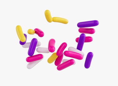 Beyaz arka planda serpiştirilmiş parlak ve renkli şeker parçacıkları, 3 boyutlu illüstrasyon