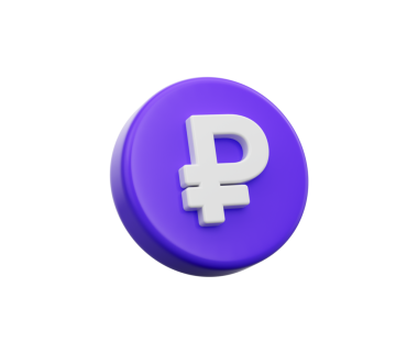 Yüzeyinde beyaz ruble sembolü bulunan 3D Mor bir madeni paranın 3 boyutlu çizimi, 3 boyutlu illüstrasyon