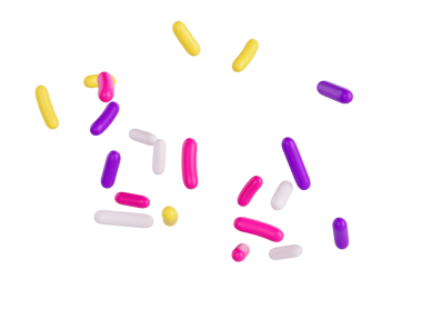 Parlak ve renkli şekerler serpiştirilmiş ve havada yüzüyor, üç boyutlu bir resim.