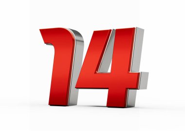 Metalik kırmızı numara 14 veya gümüş kenarlı 14 beyaz arka planda duruyor. 3d illüstrasyon