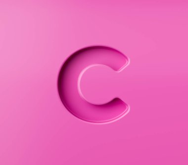 Canlı pembe alfabe harfi C pembe arka planda kabartmalı, 3D resimli.