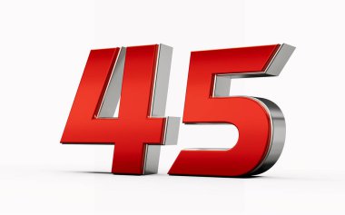 Metalik kırmızı numara 45 veya 45 gümüş kenarlı beyaz arka planda duruyor. 3d illüstrasyon