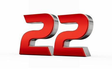 Metalik kırmızı 22 ya da 22 numara gümüş kenarlı beyaz arka planda duruyor. 3d illüstrasyon