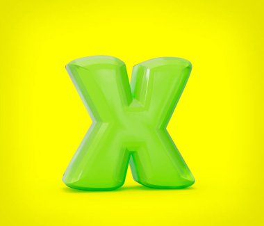 Sarı arka planda izole edilmiş yeşil renkli parlak jöle alfabesi X. 3d illüstrasyon
