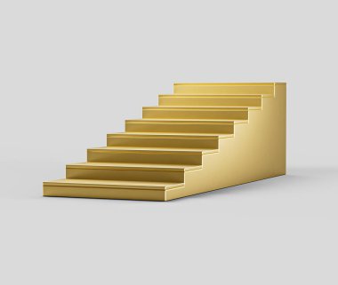 Modern tasarımı olan, parlak ve pürüzsüz yüzeyi olan altın merdiven. 3B Görüntü