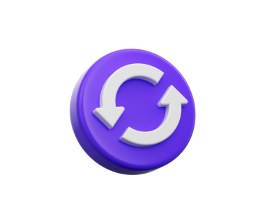 Beyaz tazeleme simgesi ile mor dairesel düğme iki eğri ok, üç boyutlu illüstrasyon