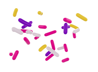 Parlak ve renkli şekerler serpiştirilmiş ve havada yüzüyor, üç boyutlu bir resim.