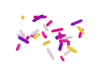 Parlak ve renkli şekerler serpiştirilmiş ve havada yüzüyor, üç boyutlu bir resim.