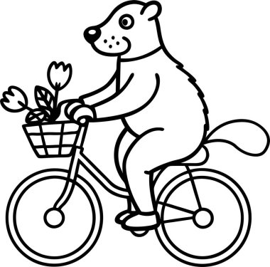 Bisiklete binen bir dağ sıçanı, bir sepet çiçek taşıyan bir sanat tasarımı.