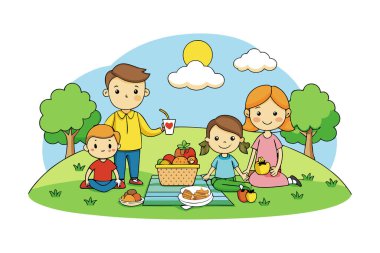 Parkta piknik yapan bir ailenin karikatür tarzı çizimi.