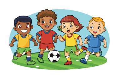 Tarlada futbol oynayan bir grup çocuğun çizgi film stili çizimi.