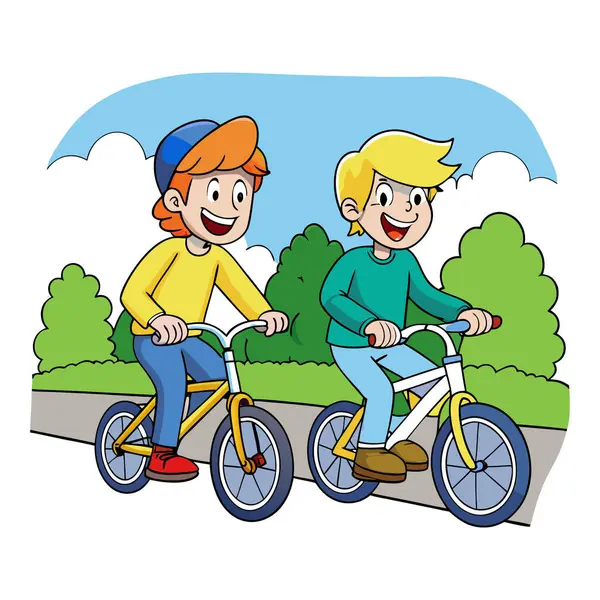Parkta bisiklet süren iki arkadaşın karikatür tarzı bir çizimi.