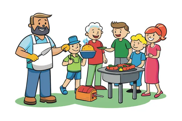 Mangal partisinde hamburger ızgara yapan bir adamın karikatür tarzı çizimi.