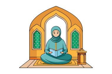 Bir camideki desenli dua halısında oturan bir kadının karikatür tarzı vektör çizimi.