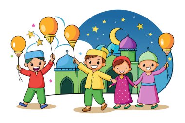 Bir bayram kutlaması sırasında balonlarla ve maytaplarla oynayan çocukların çizgi film tarzı vektör çizimi