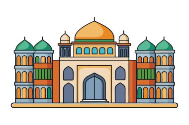 Gün batımında ışıldayan minarelerle huzurlu bir camiinin karikatür tarzı vektör çizimi