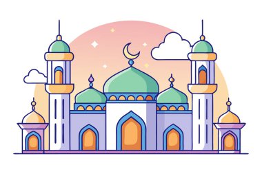 Gün batımında ışıldayan minarelerle huzurlu bir camiinin karikatür tarzı vektör çizimi