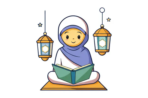 Karikatür tarzı vektör çizimi, parlayan bir fenerin altında Kuran okuyan tesettürlü bir kadının çizimi.