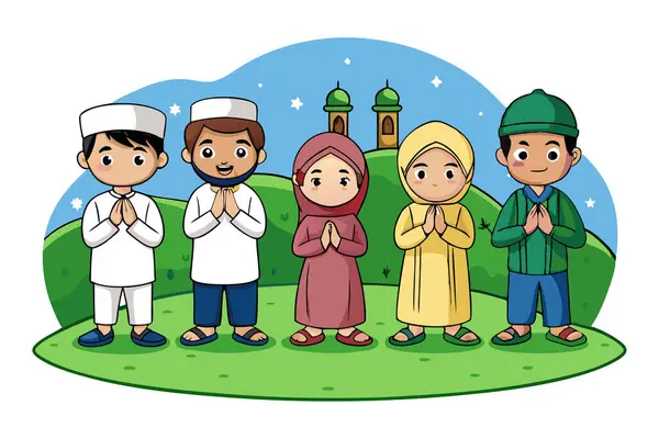 Geleneksel giyinmiş erkek ve kadınların açık bir alanda dua edişlerinin karikatür tarzı tasviri.