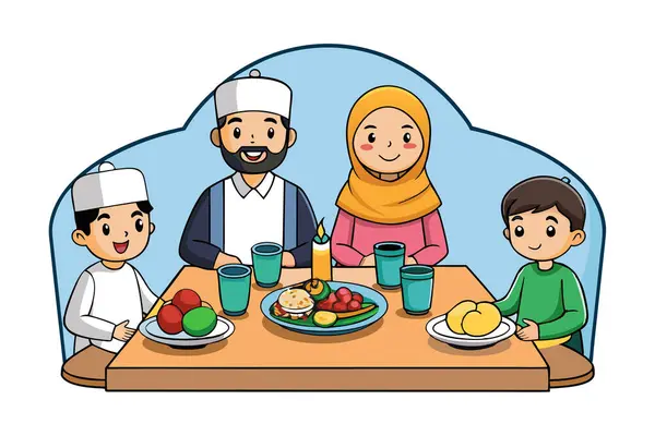 İftar için toplanmış bir ailenin karikatür tarzı vektör çizimi