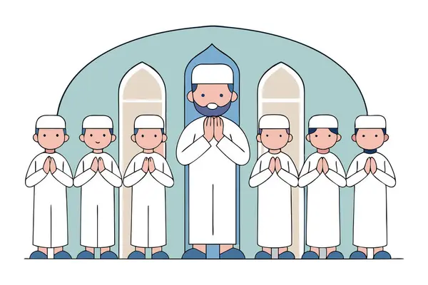 Camide dua eden 7 kişilik bir grubun karikatür tarzı vektör çizimi.