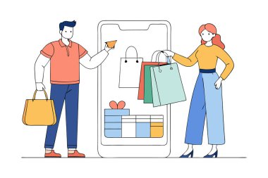 Birlikte alışveriş yapan bir çiftin minimalist çizimi