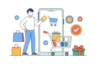 Alışveriş arabası ve akıllı telefon tutan bir adamın minimalist çizimi