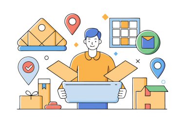 Teslimat kutusunu açan bir adamın düz tasarımı.