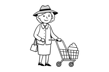 Alışveriş arabalı yaşlı bir kadın çizgisi.