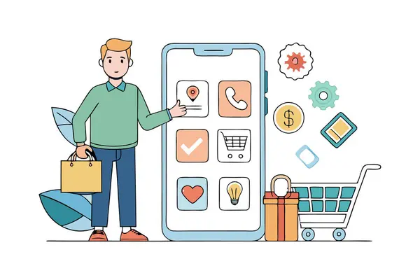 Akıllı bir telefonla QR kodunu tarayan bir adamın minimalist çizimi