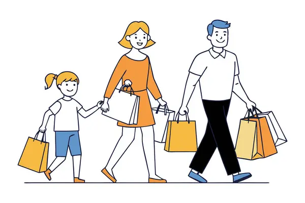 Alışveriş torbaları taşıyan ve alışveriş merkezinde yürüyen bir aile çizgisi.
