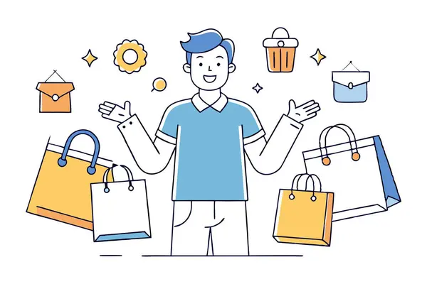 Heyecanlı bir ifadeyle birden fazla alışveriş torbası tutan bir adamın çizgisi.