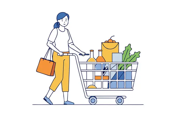 Alışveriş arabası yiyecek dolu bir kadın çizgisi.