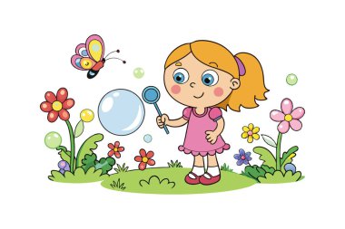 Bahçede baloncuk çıkaran ve elinde küçük bir baloncuklu değnek taşıyan bir kız.