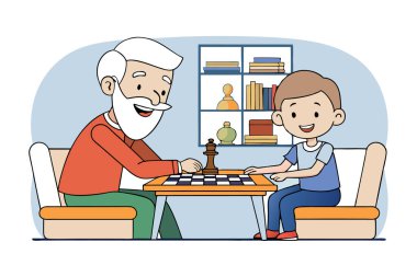 Bir çocuk büyükbabasıyla satranç oynuyor ve vektör çizimleriyle dolu bir masada oturuyorlar.