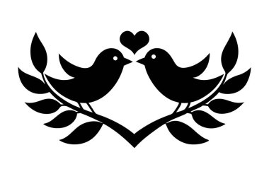 Birbirlerine bakan iki kuşun silueti ve üzerlerinde bir kalp şekli.