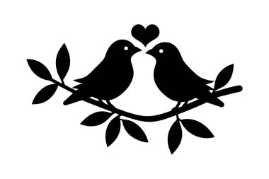 Birbirlerine bakan iki kuşun silueti ve üzerlerinde bir kalp şekli.