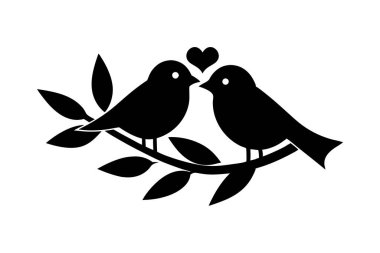 Birbirlerine bakan iki kuşun silueti ve üzerlerinde bir kalp şekli.