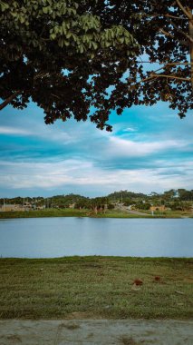 Mavi gökyüzünün altında, yemyeşil ağaçlarla çevrili sakin bir göl manzarası.. 