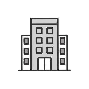 Şehir binaları çizgisi ve simgesi, şehir ve bina, bina tabelası, vektör grafikleri, beyaz arkaplan üzerinde doğrusal desen, ep 1