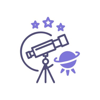 Uzay teleskobu simgesi, ince çizgi illüstrasyonu, özet vektör izole edilmiş web tasarımı, beyaz arkaplanda düzenlenebilir vuruşlu doğrusal ana hat sembolü kavramı.