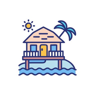 Ağaçlı ve güneş ikonlu bir sahil evi.