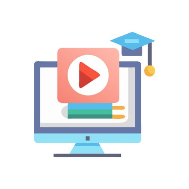 Online eğitim, mezuniyet şapkalı laptop ve vektör illüstrasyon tasarımı