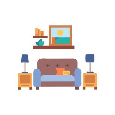 Düz dizayn oturma odası içi koltuk ve sandalye vektör illüstrasyonuyla dolu.