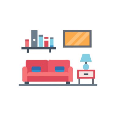 Bilgisayar ve kitap ikonu tasarımı olan oturma odası, ev içi ev ve apartman teması illüstrasyonu