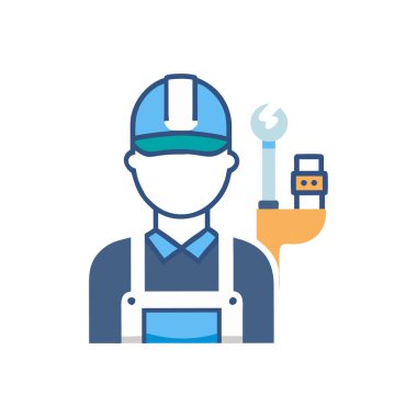 İngiliz anahtarı ve miğferi olan bir adamın vektör çizimi