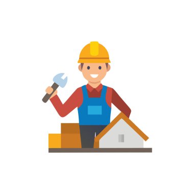 Tornavidalı ve aletli bir işçi. Düz bir şekilde vektör illüstrasyonu. beyaz arkaplanda izole