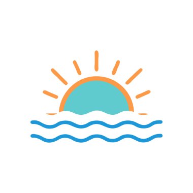 Güneş ve dalga ikonu vektörü beyaz arkaplanda izole edilmiş, yaz güneşi ve saydam sembol, çizgi işareti, modayı takip eden düz stil logo ögesi